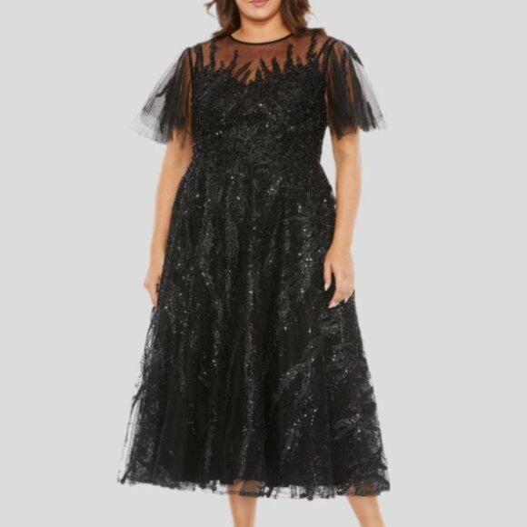 MAC DUGGAL 20477 HIGH NECK FLUTTER SLEEVE EMBELLISHED A-LINE BLACK MIDI DRES 24W - Picture 1 of 5